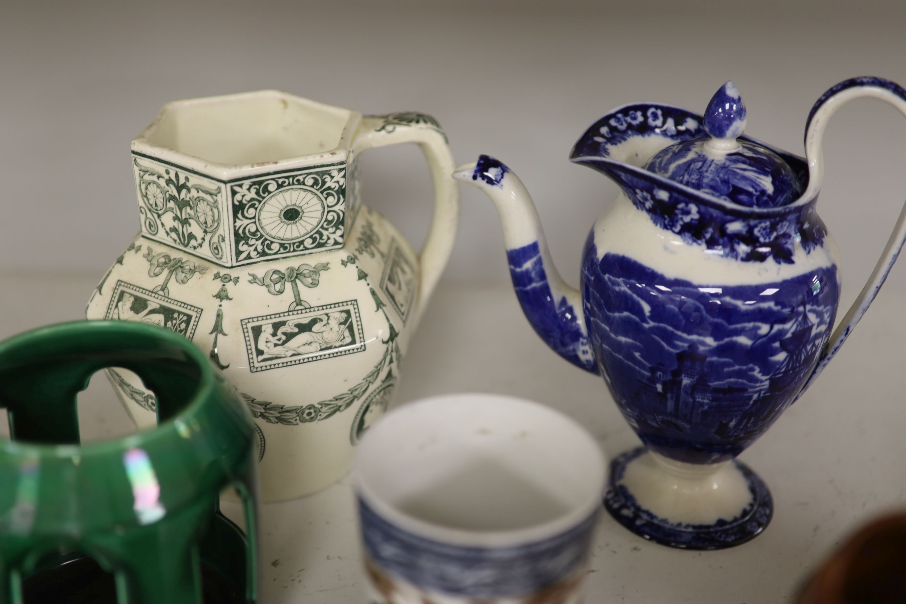 A group of 19th century Wedgwood transfer printed vessels and two Wedgwood greenware tealight holders